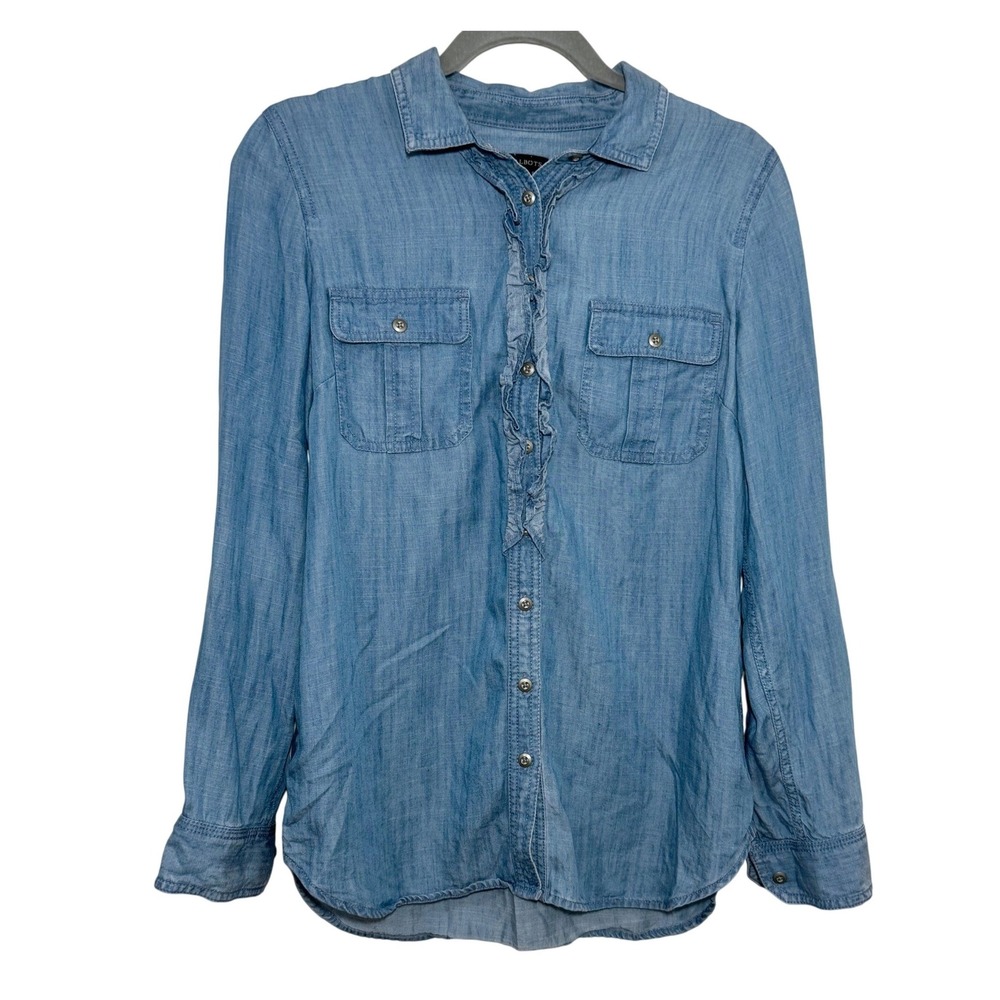 Talbots Ruffle Front Chambray Shirt Blue Lyocell Long Sleeve Women Size S